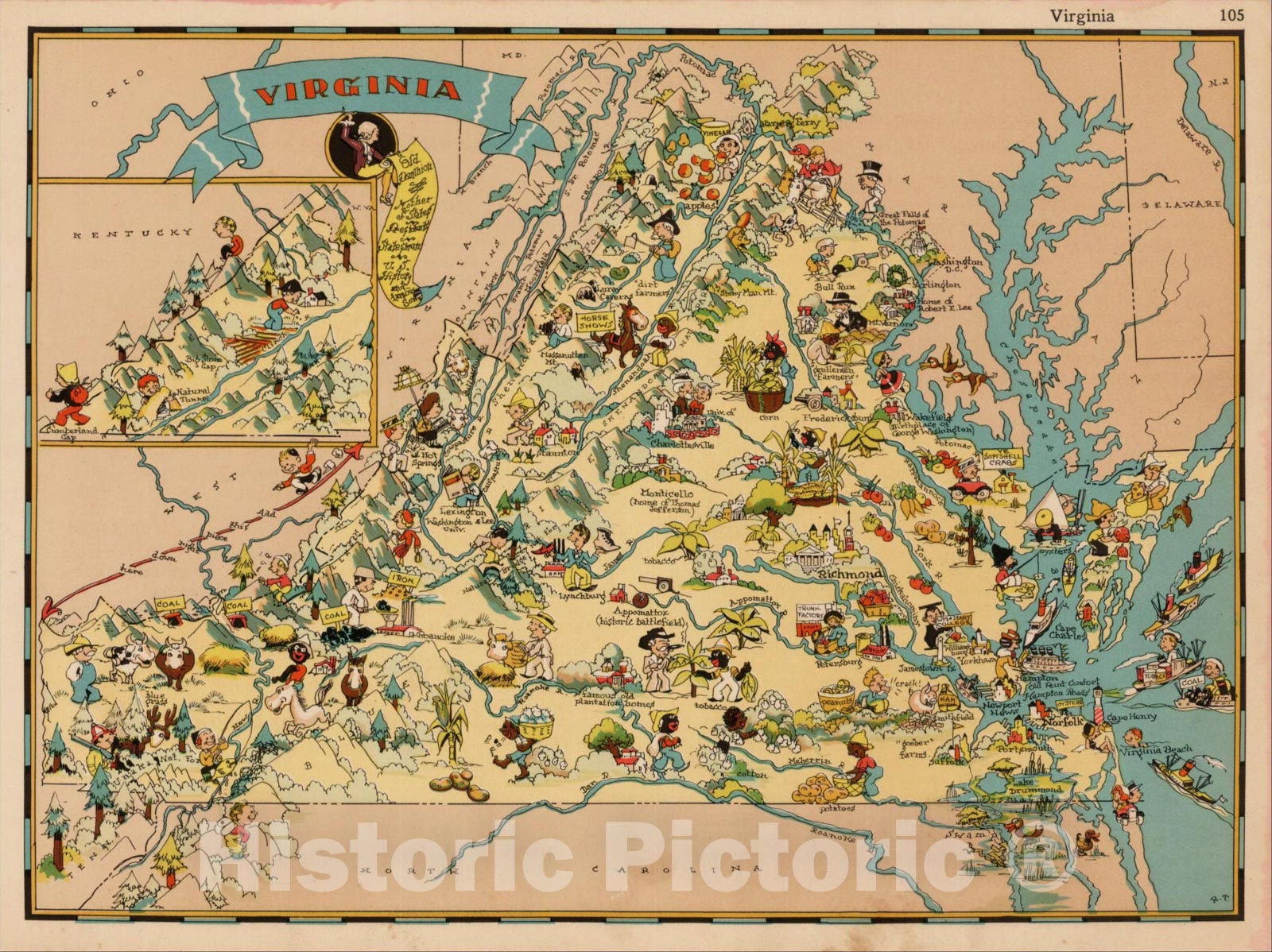 Historic Map : Virginia, 1935, Ruth Taylor White, v2, Vintage Wall Art