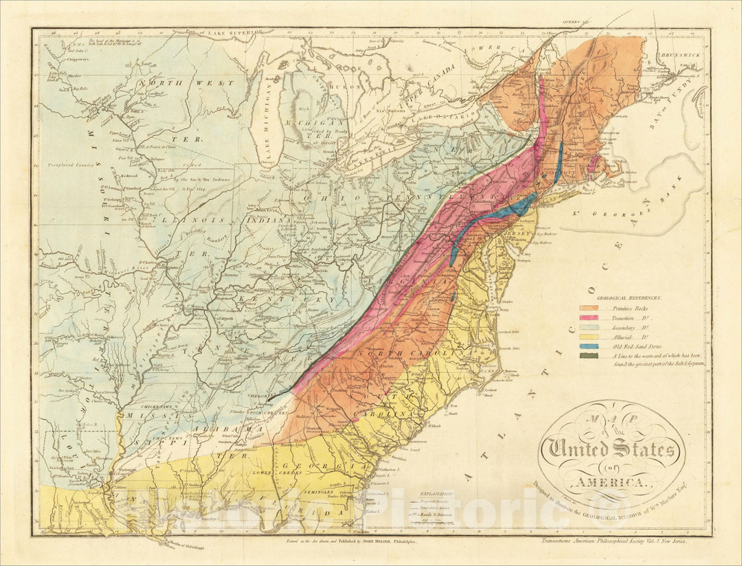 Historic Map : Map of the United States of America. Designed to illustrate the Geological Memoir of Wm. Maclure Esq., 1817, , Vintage Wall Art