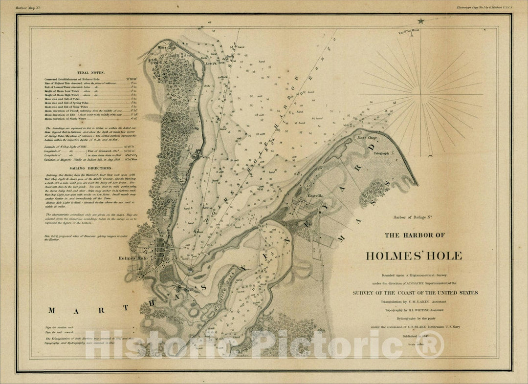 Historic Map : The Harbor of Holmes' Hole, 1847, 1847, United States Coast Survey, Vintage Wall Art