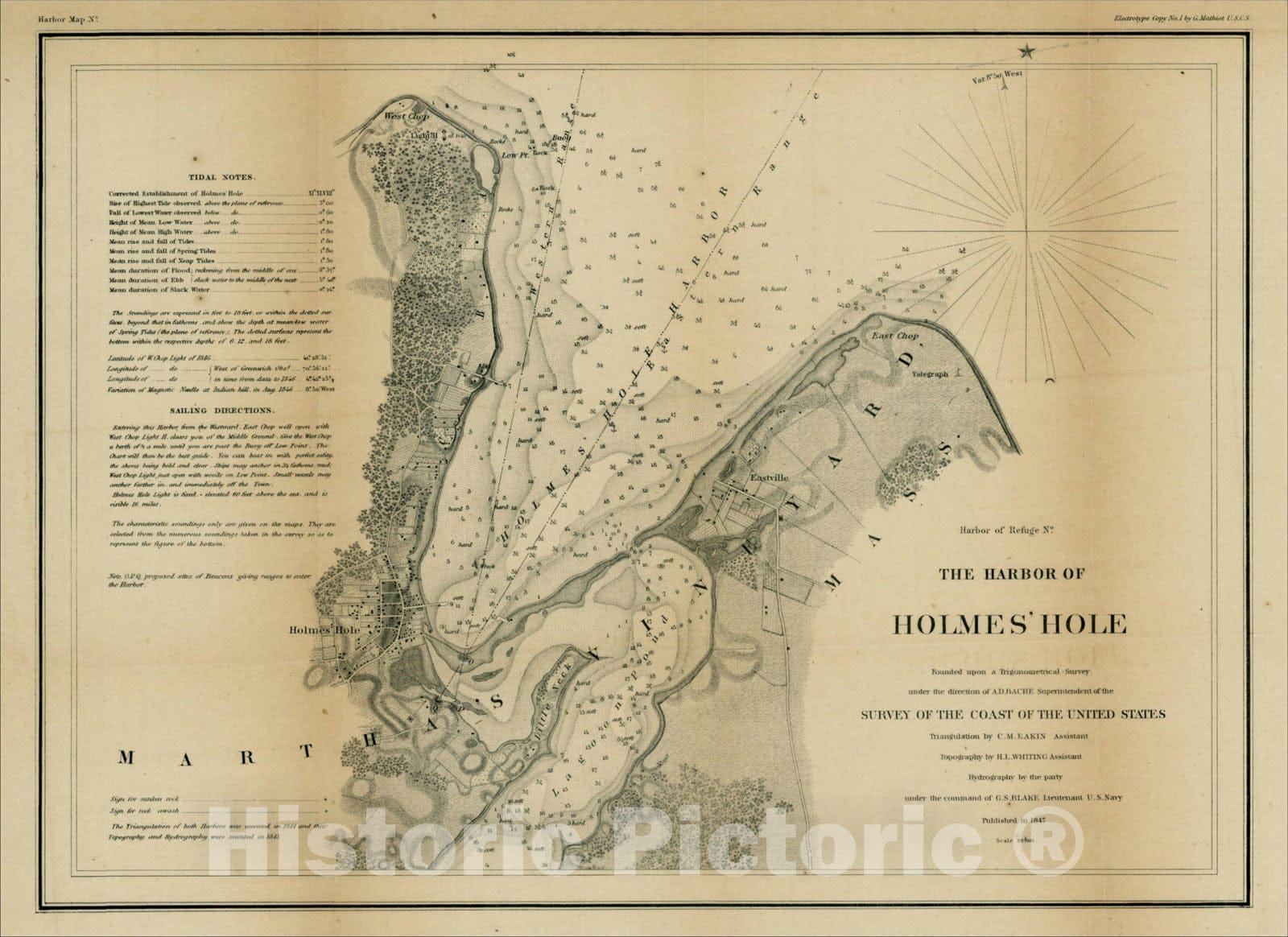 Historic Map : The Harbor of Holmes' Hole, 1847, 1847, United States Coast Survey, Vintage Wall Art