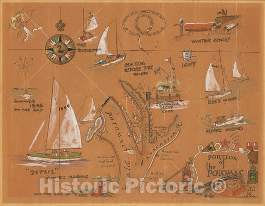 Historic Map : [Hand Drawn Map of the Washington D.C. Area] Portion of the Potomac, 1949, , Vintage Wall Art