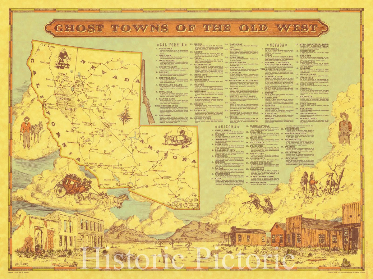Historic Map : Ghost Towns of the Old West, 1952, Marvel Maps, Vintage Wall Art