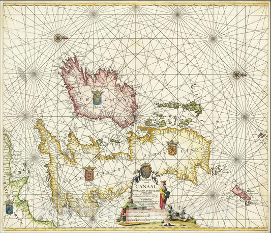 Historic Map : Pascaart vande Canaal Engeland, Schotland en Yrland, c1680, Johannes Van Keulen, Vintage Wall Art