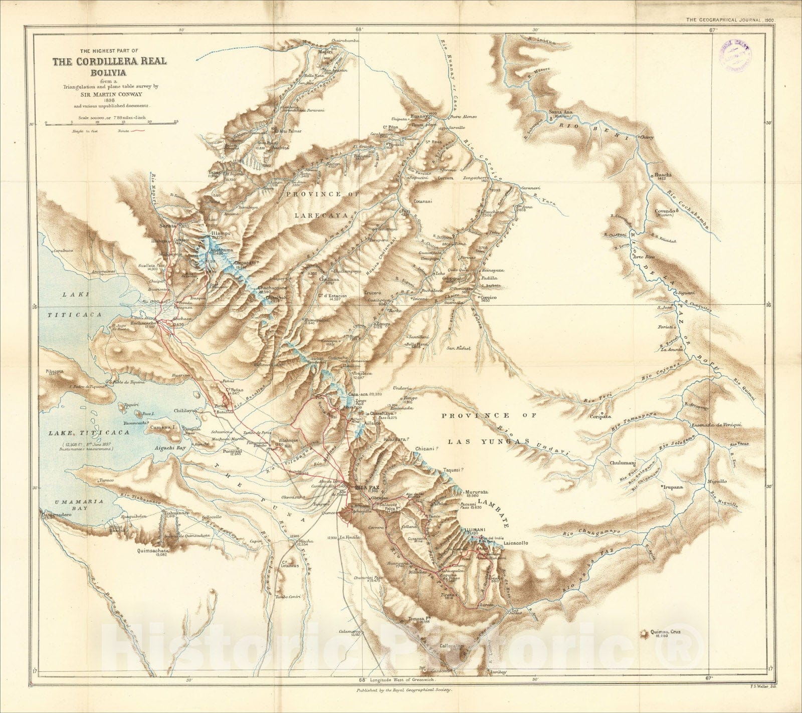 Historic Map : The Highest Part of The Cordillera Real Bolivia from a Triangulation and plane table survey by Sir. Martin Conway, 1900, Vintage Wall Art