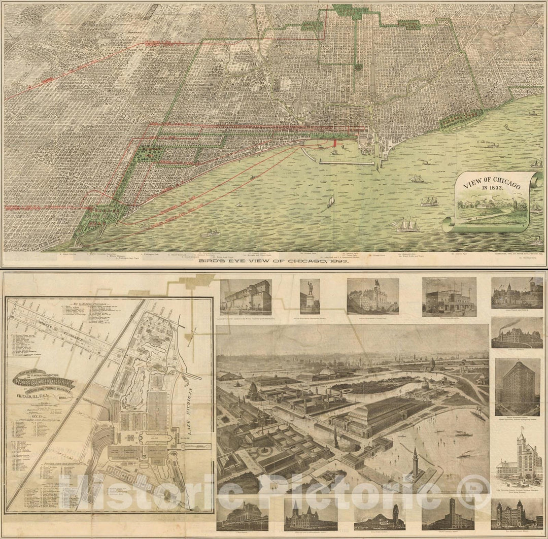Historic Map : Bird's Eye View of Chicago, 1893, 1893, , Vintage Wall Art