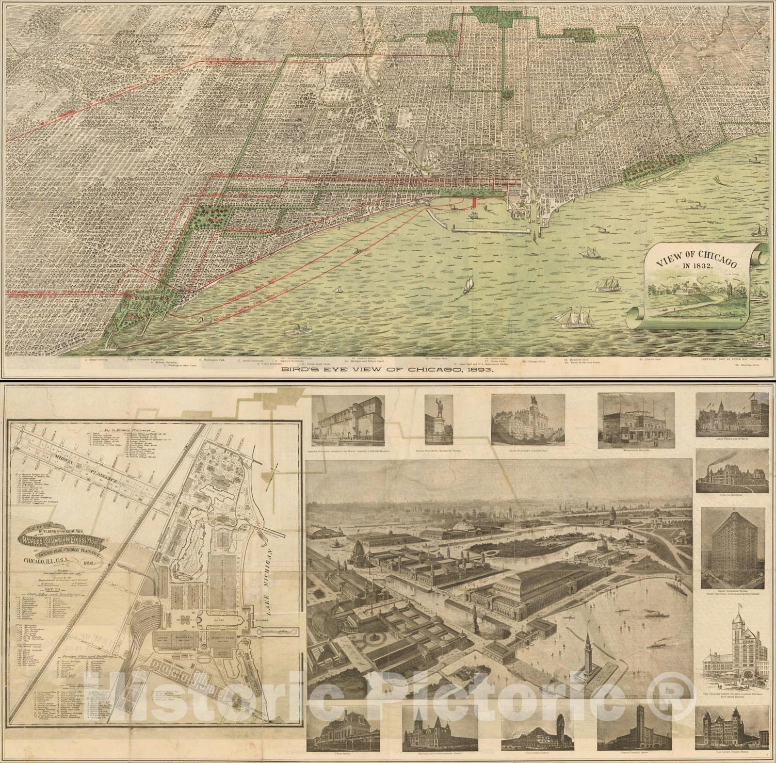 Historic Map : Bird's Eye View of Chicago, 1893, 1893, , Vintage Wall Art