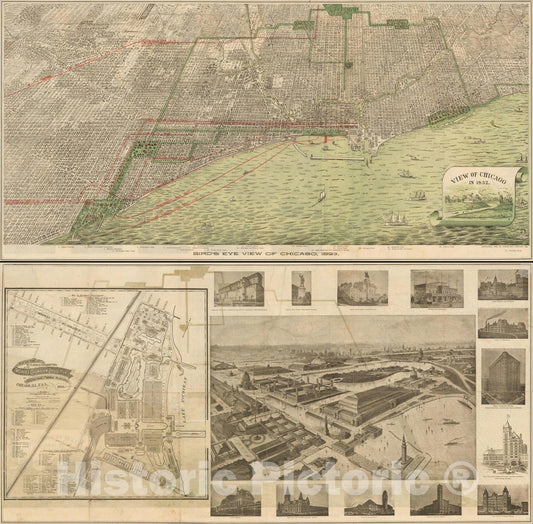 Historic Map : Bird's Eye View of Chicago, 1893, 1893, , Vintage Wall Art