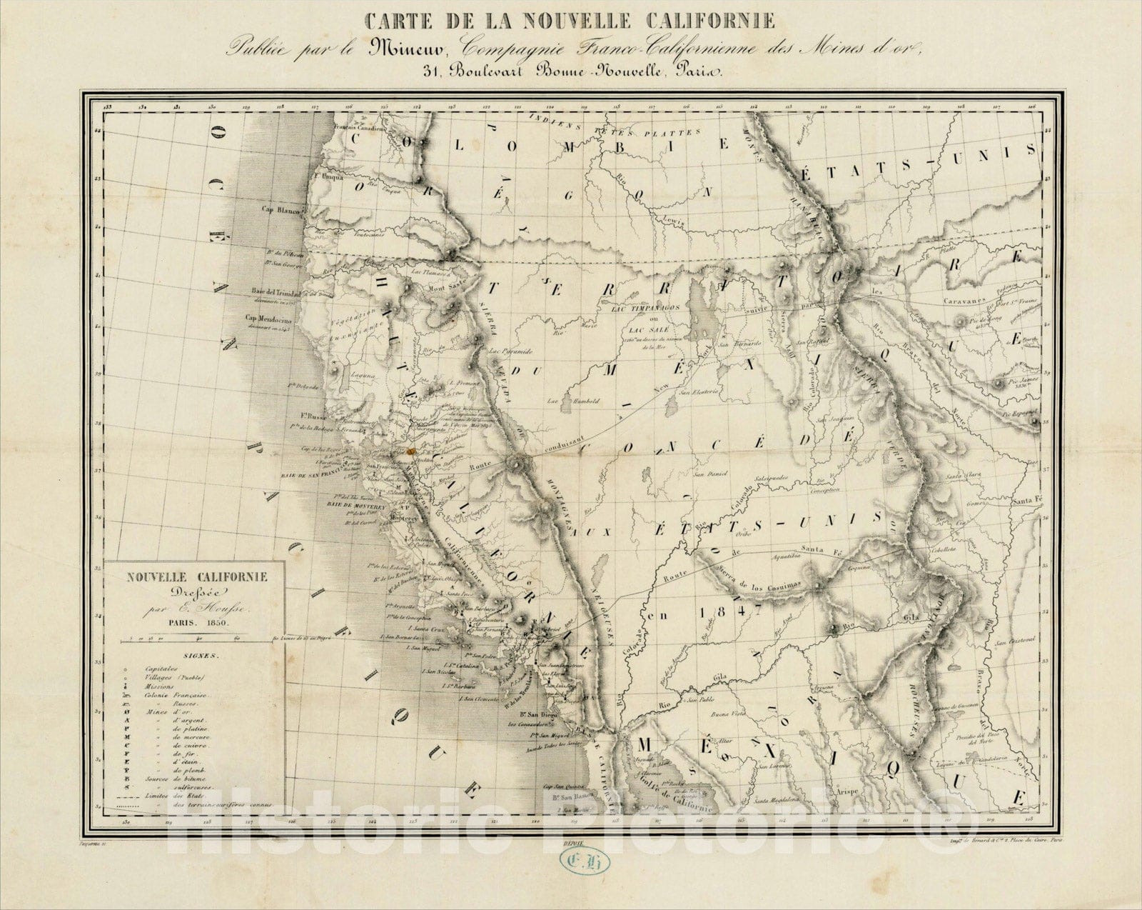 Historic Map : Carte De La Nouvelle Californie Publiee par le Mineur, Compagnie Franco-Californienne des Mines d'or, 185, 1850, E. Housse, Vintage Wall Art