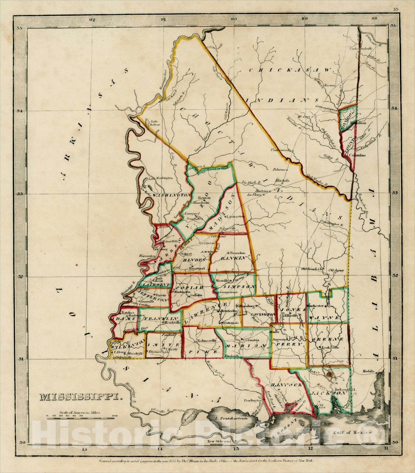 Historic Map : Mississippi, 1835, David Hugh Burr, Vintage Wall Art