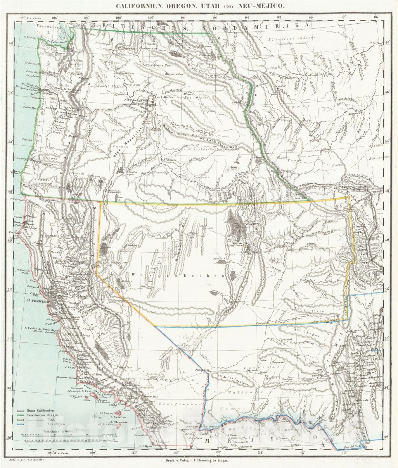 Historic Map : Californien, Oregon, Utah Und Neu-Mejico, 1848, Carl Flemming, Vintage Wall Art