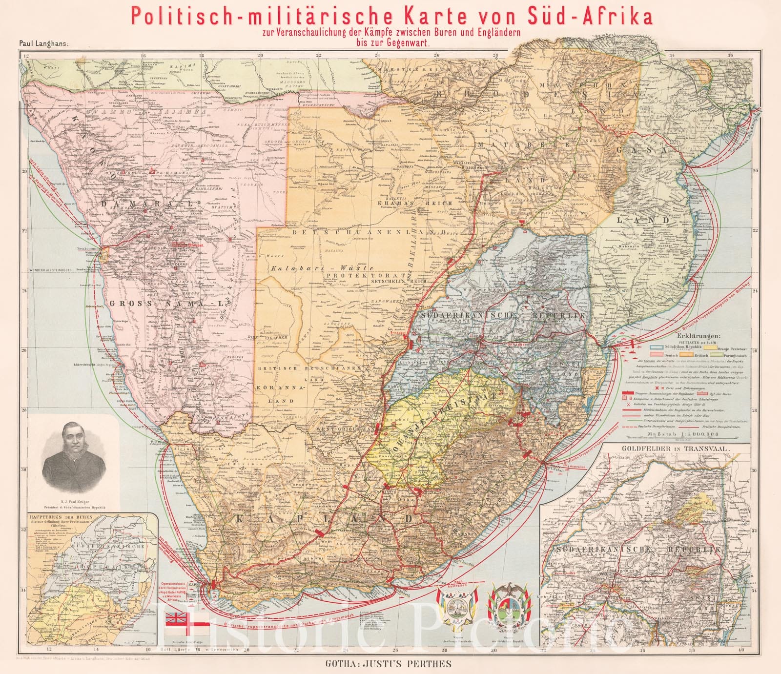Historic Map : (Boer Wars) Politisch-militarische Karte von Sud-Afrika zur Veranschaulichung der Kampfe zwischen Buren und Englandern bis zur Gegenward, 1899, Vintage Wall Art