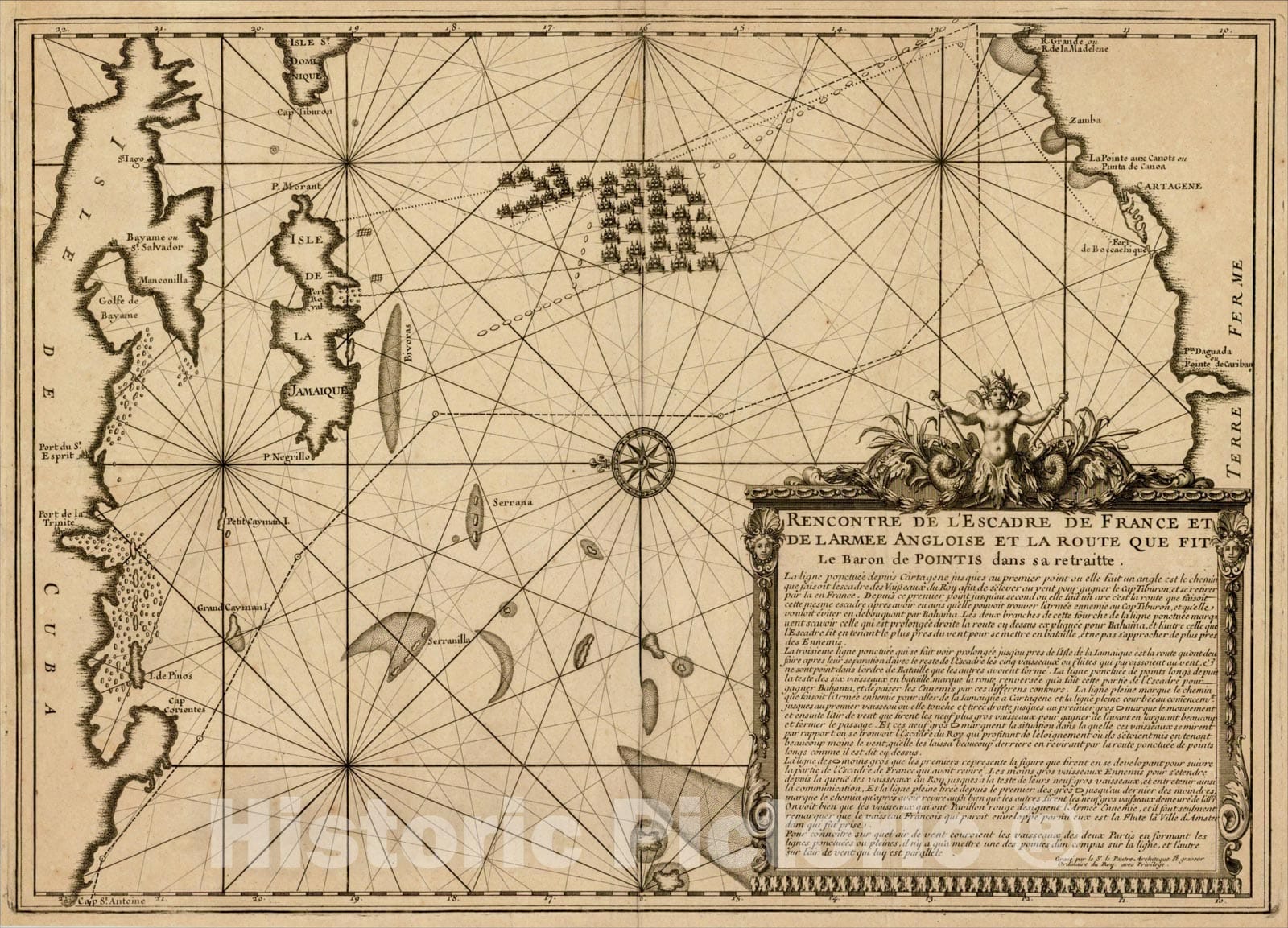 Historic Map : Rencontre de L'Escadre de France et De L Armee Angloise et la Route que fit Le Baron de Pointis dans sa retraitte., 1697, Pierre Le Pautre, Vintage Wall Art