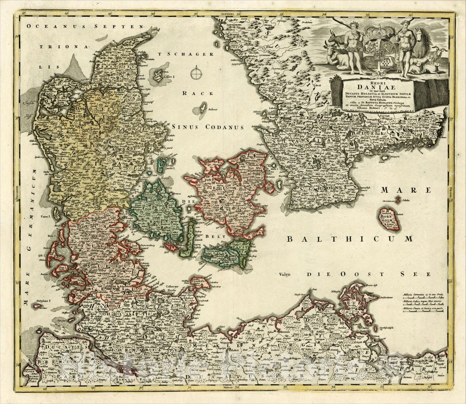 Historic Map : Regni Daniae in quo sund Ducatus Holsatia et Slesvicum Insulae, Danicae, Provinciae, Iustia, Scania Blekingia Nova Tabula, 1712, Vintage Wall Art