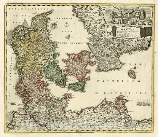 Historic Map : Regni Daniae in quo sund Ducatus Holsatia et Slesvicum Insulae, Danicae, Provinciae, Iustia, Scania Blekingia Nova Tabula, 1712, Vintage Wall Art