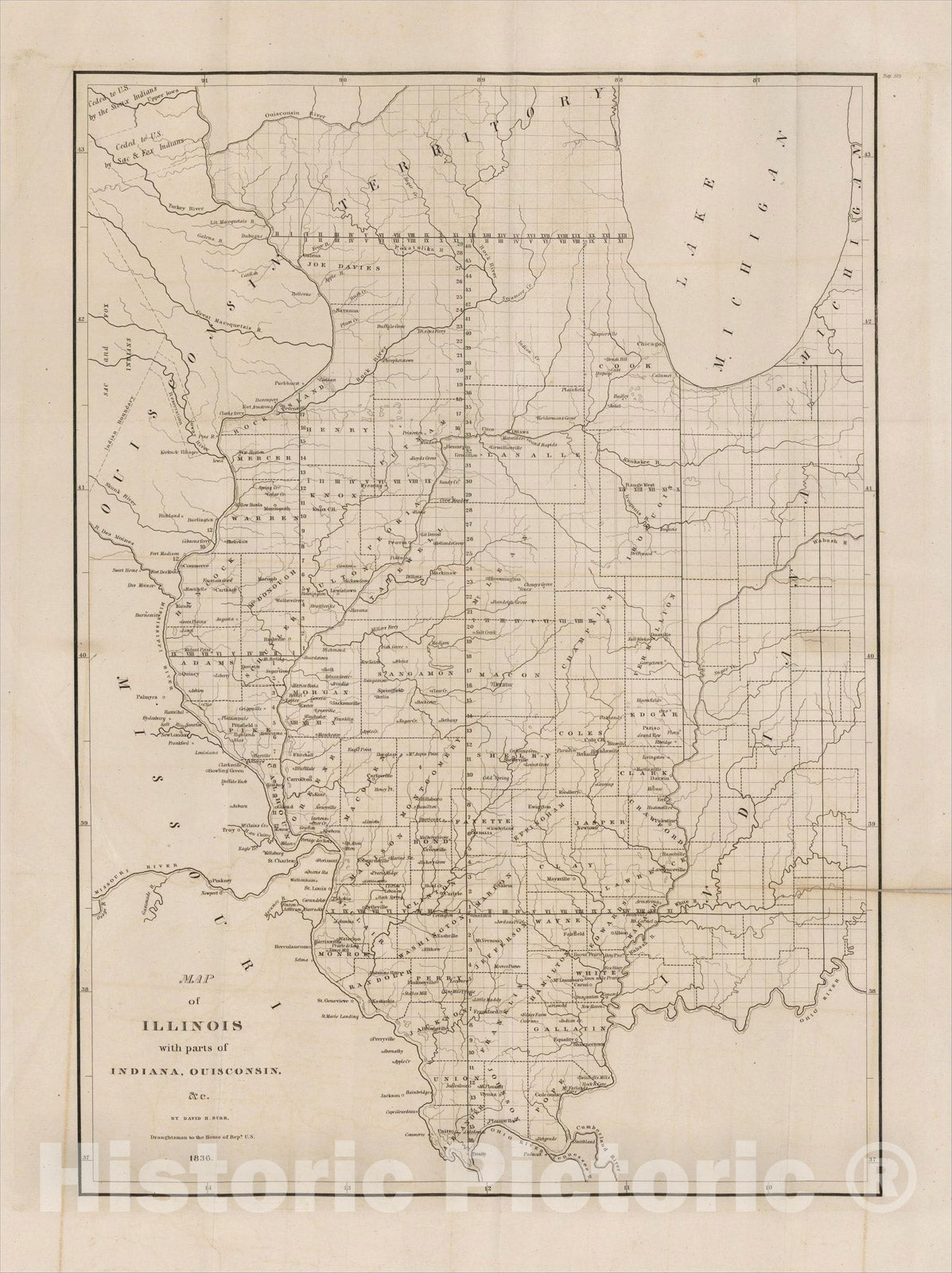 Historic Map : Illinois with parts of Indiana, Ouisconsin, 1836, , Vintage Wall Art