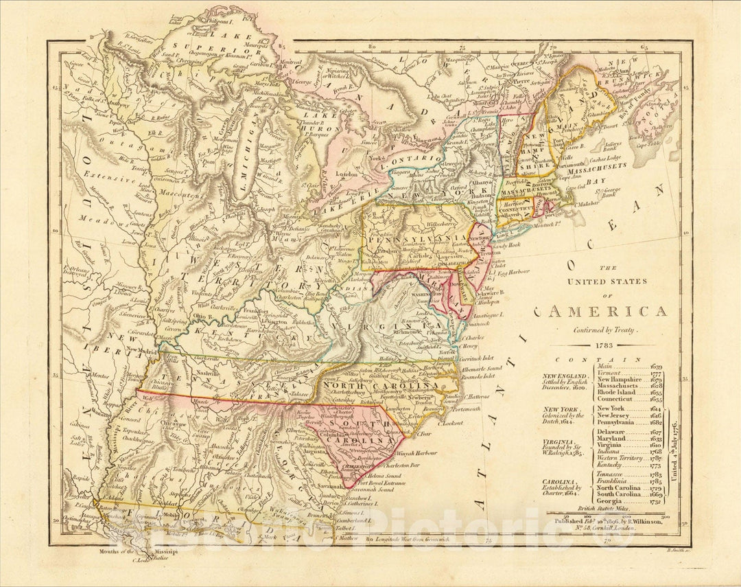 Historic Map : The United States of America Confirmed By Treaty 1783 [shows Franklinia], 1806, Robert Wilkinson, v2, Vintage Wall Art