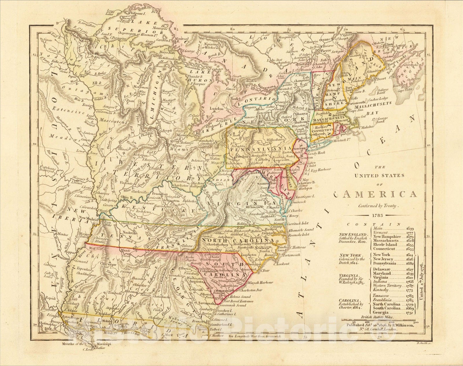 Historic Map : The United States of America Confirmed By Treaty 1783 [shows Franklinia], 1806, Robert Wilkinson, v2, Vintage Wall Art
