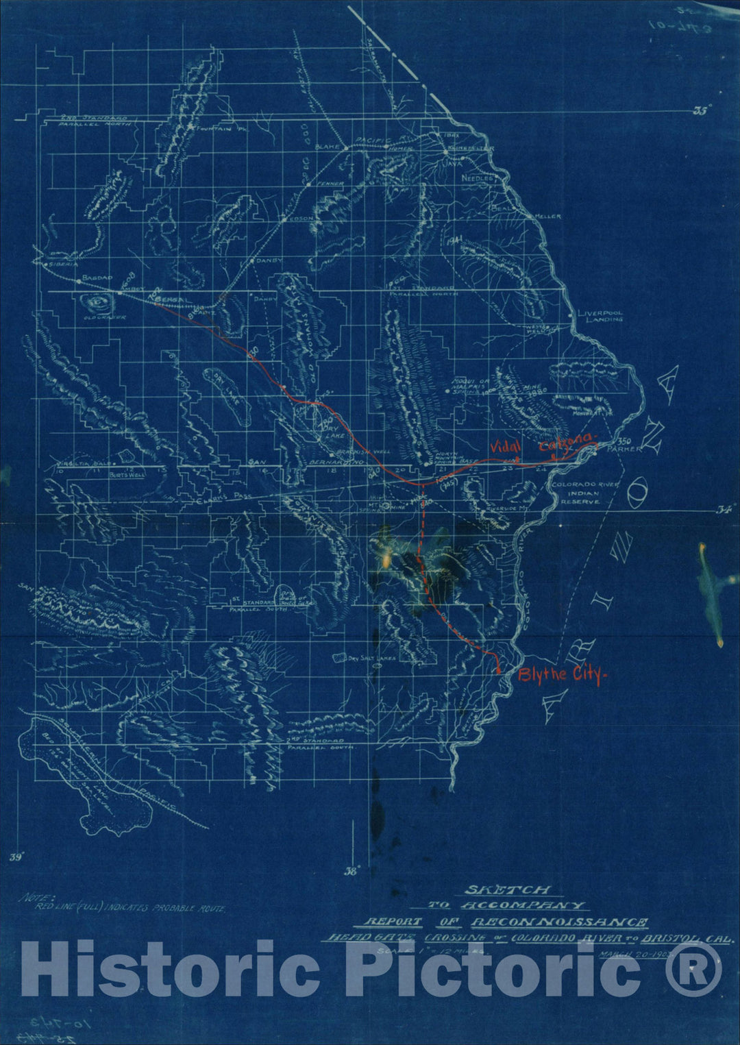 Historic Map : Sketch To Accompany Report of Reconnoissance Head Gate Crossing of Colorado River To Bristol, Cal. March 2, 193, 1903, Santa Fe Railroad, Vintage Wall Art