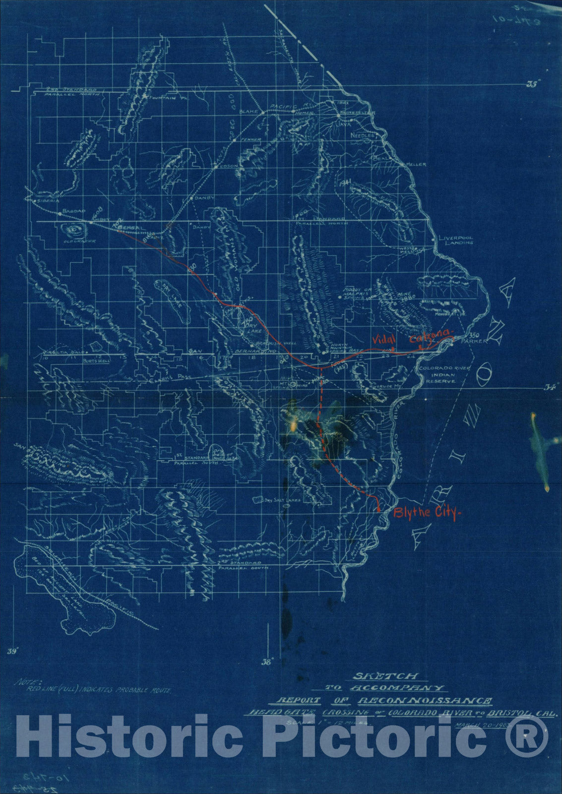 Historic Map : Sketch To Accompany Report of Reconnoissance Head Gate Crossing of Colorado River To Bristol, Cal. March 2, 193, 1903, Santa Fe Railroad, Vintage Wall Art