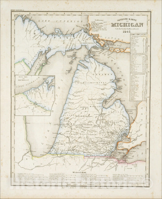 Historic Map : Neueste Karte von Michigan Nach den bessten Quellen verbessert 1845., 1845, Joseph Meyer, Vintage Wall Art