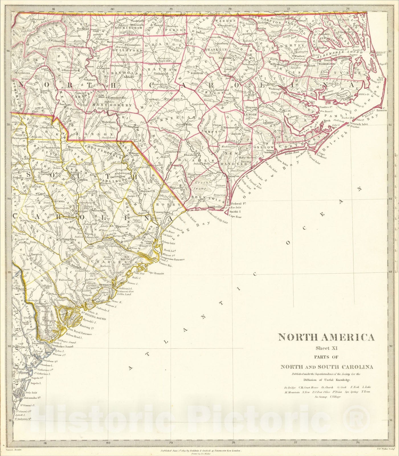 Historic Map : North America Sheet XI Parts of North and South Carolina, 1833, SDUK, Vintage Wall Art