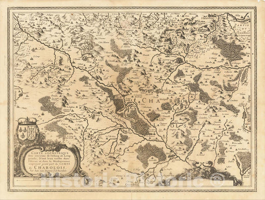 Historic Map : Carte Geometrique des Environs de l'Estang de Longpendu, d'ont leau Tombe dans l'Ocean et dans la Mediterranee, 1620, Gerard Mercator, v1, Vintage Wall Art