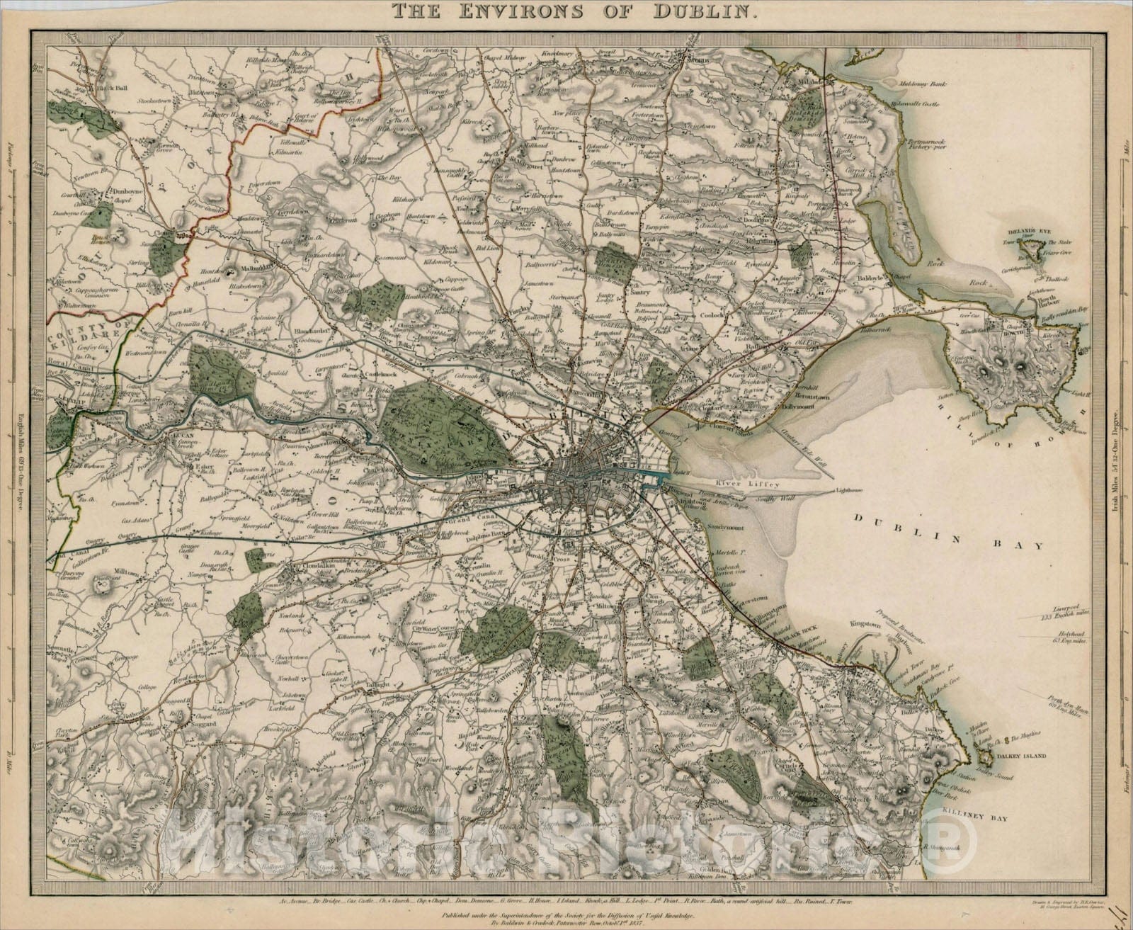 Historic Map : The Environs of Dublin, 1837, SDUK, Vintage Wall Art