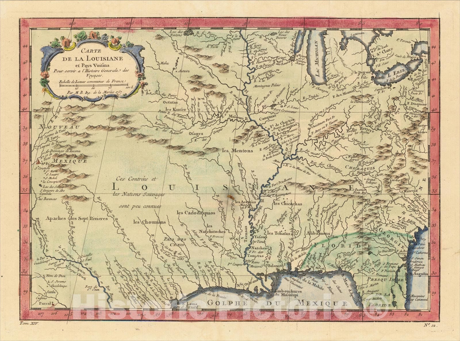 Historic Map : Carte De La Louisiane et Pays Voisins, c1757, Jacques Nicolas Bellin, Vintage Wall Art