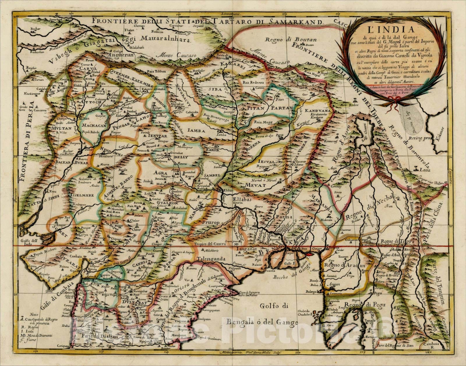Historic Map : L'India di qua' e di la dal Gange oue sono li Stati del Mogol e' parte del Imperio del fu prte Ianni et altri Regni di nova scoperti, 1682, 1682, Vintage Wall Art