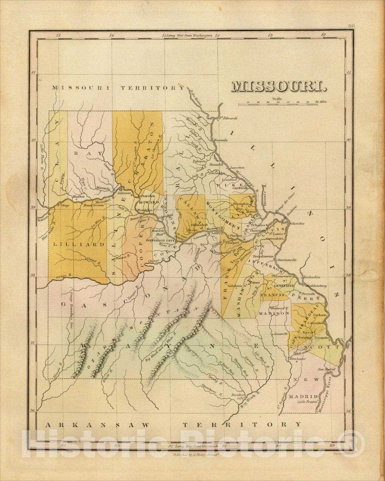 Historic Map : Missouri, 1824, Anthony Finley, v1, Vintage Wall Art