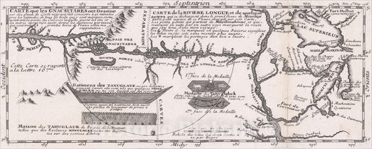 Historic Map : Carte que les Gnacsitares ont Dessine sur, Carte de la Riviere Longue le Grand Fleuve Missisipi, 1703, v3, Vintage Wall Art