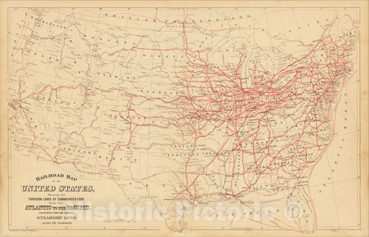 Historic Map : Railroad Map of the United States, Showing the Through Lines of Communication From the Atlantic to the Pacific, 1880, Vintage Wall Art