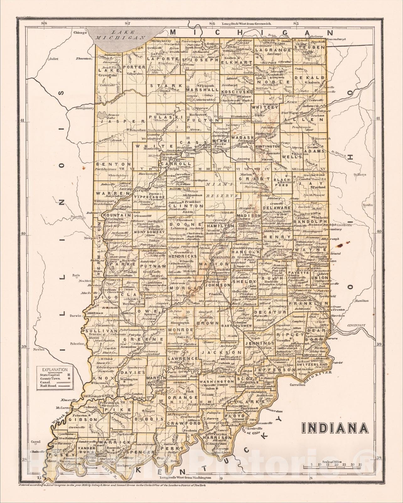 Historic Map : Indiana, 1843, Sidney Morse, Vintage Wall Art