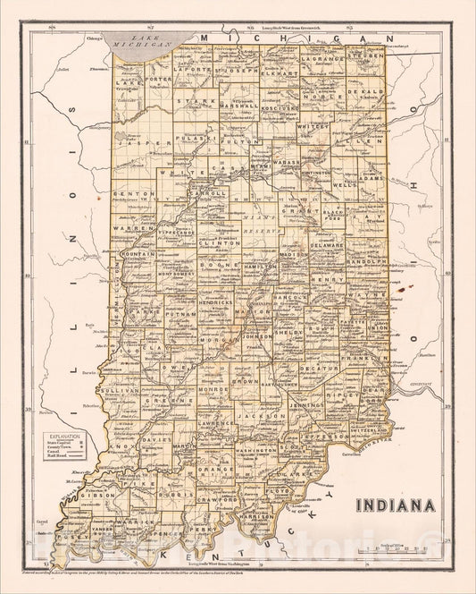 Historic Map : Indiana, 1843, Sidney Morse, Vintage Wall Art