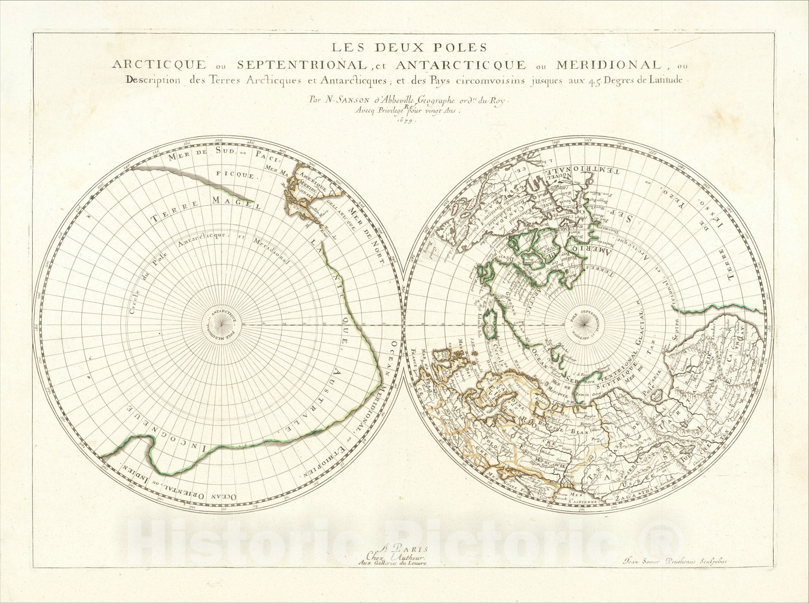 Historic Map : Les deux poles arctique ou septentrional, et Antarctique ou meridional, 1679, Nicolas Sanson, Vintage Wall Art