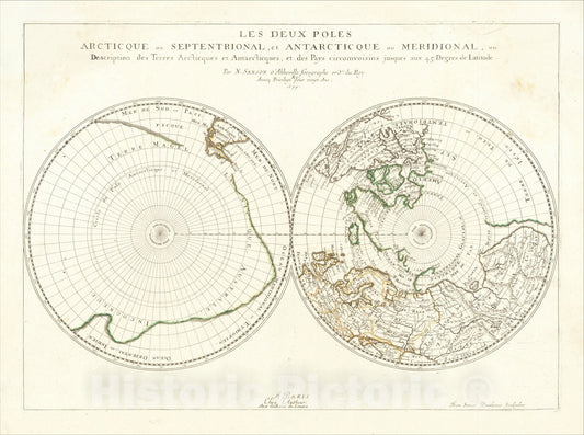Historic Map : Les deux poles arctique ou septentrional, et Antarctique ou meridional, 1679, Nicolas Sanson, Vintage Wall Art