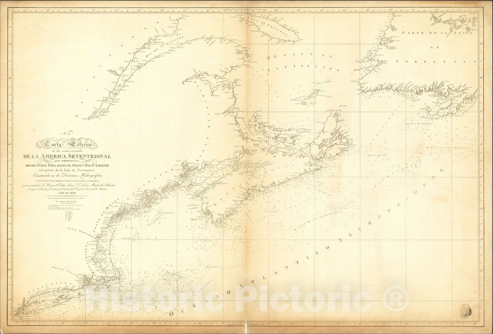 Historic Map : Carta Esferica de las Costas Orientales de la America Setentrional, 1839, Direccion Hidrografica de Madrid, Vintage Wall Art