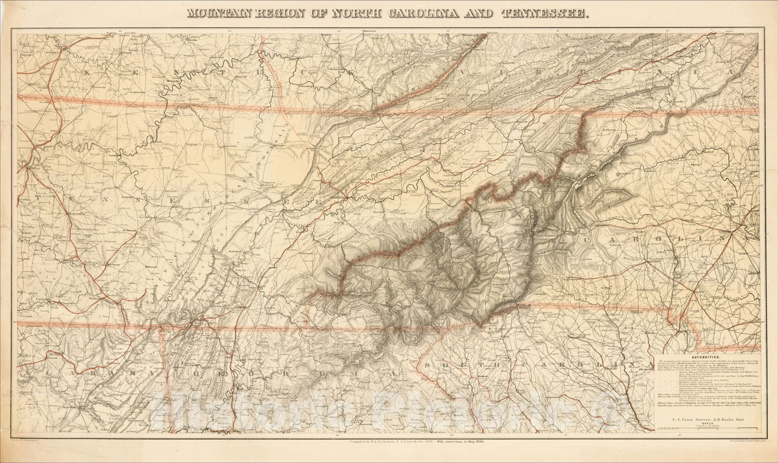 Historic Map : Mountain Region of North Carolina and Tennessee., 1864, Henry Lindenkohl, Vintage Wall Art