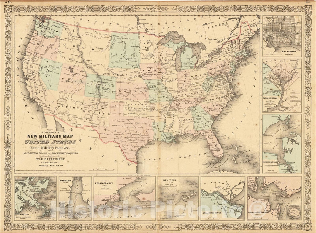 Historic Map : Johnson's New Military Map of the United States Forts, Military Posts with Enlarged Plans of the Southern Harbors, 1864, Benjamin P Ward, v1, Vintage Wall Art
