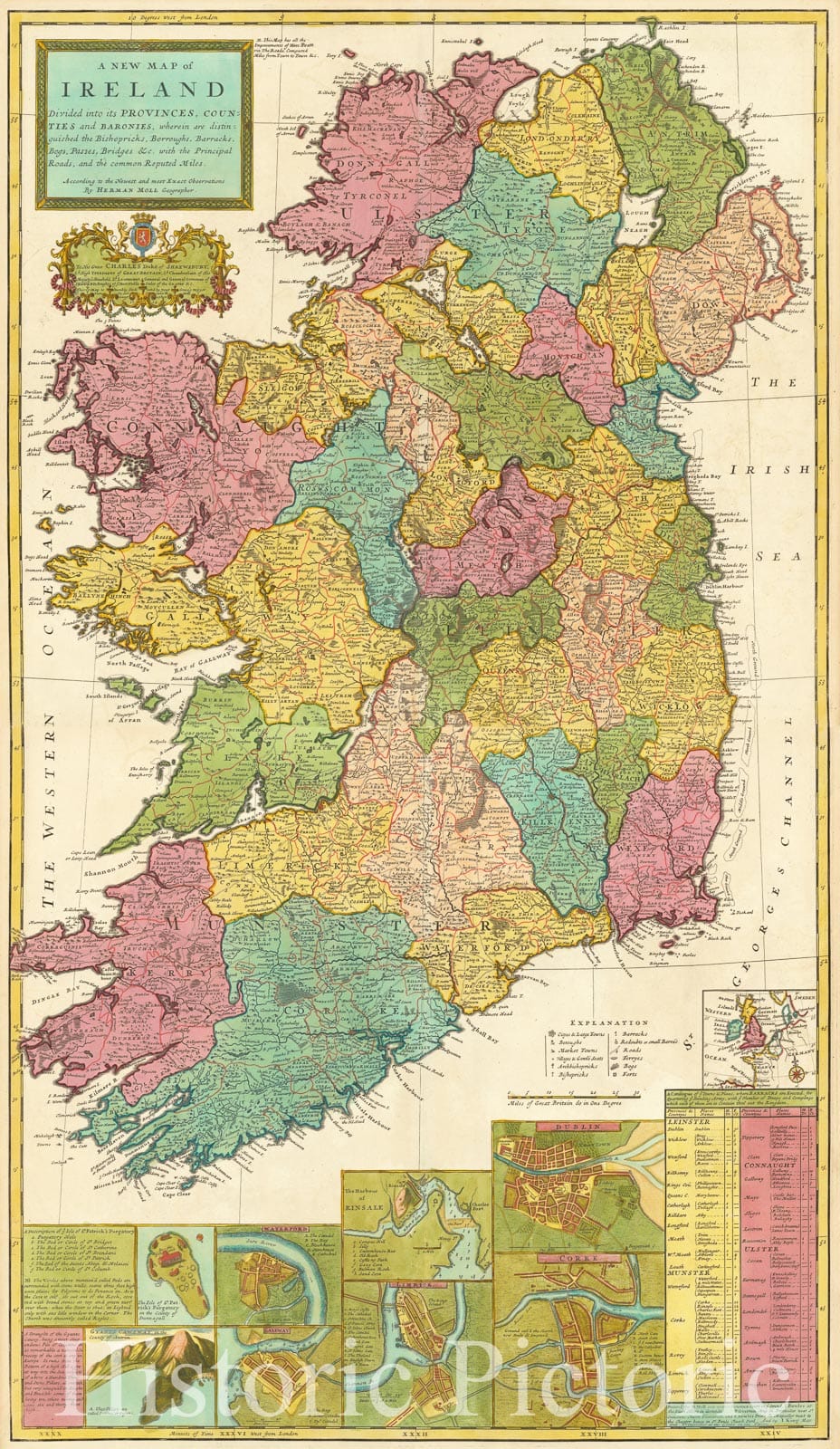 Historic Map : A New Map of Ireland Divided into its Counties, Provinces, and Baronies, 1714, Herman Moll, Vintage Wall Art