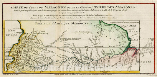 Historic Map : Carte Du Cours Du Maragnon ou de la Grande Riviere Des Amazones, Levee en 1743 et 1744,par M. de la Condamine . . ., 1757, v2, Vintage Wall Art