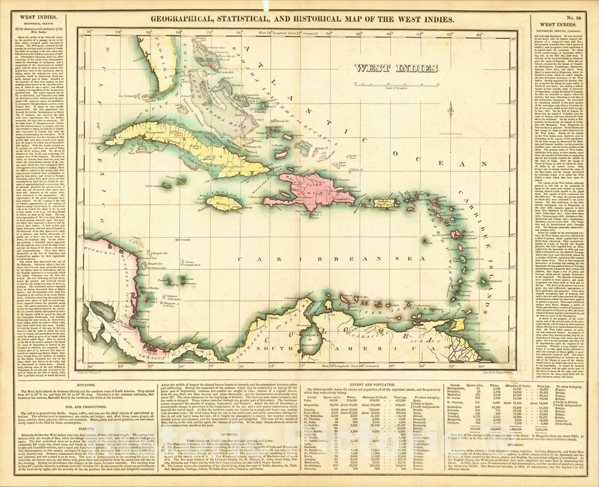 Historic Map : Geographical, Statistical and Historical Map of The West Indies, 1822, Henry Charles Carey, Vintage Wall Art