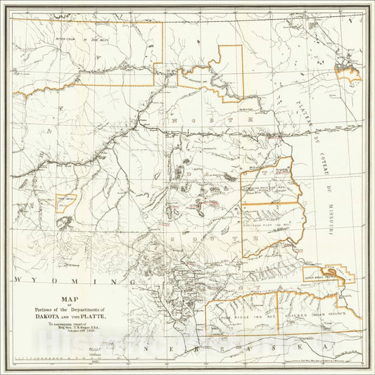 Historic Map : Map of Portions of the Departments of Dakota and the Platte, To accompany report of Brig. Gen. T.H. Ruger, U.S.A., October 19th 1891, 1891, Vintage Wall Art
