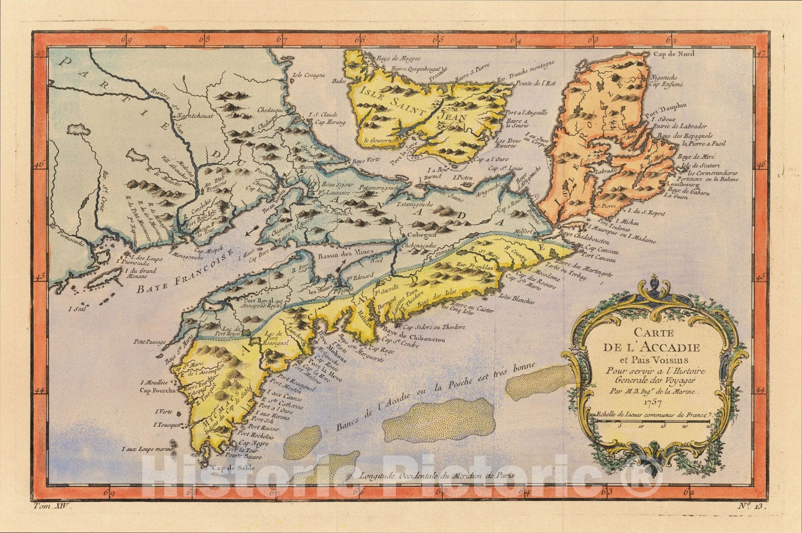 Historic Map : Carte De L'Acadie, Isle Royale, et Pais Voisins, 1757, 1757, Jacques Nicolas Bellin, Vintage Wall Art