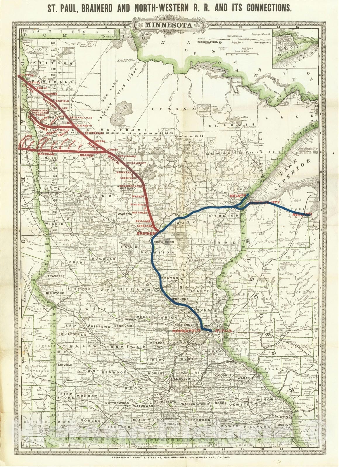 Historic Map : St. Paul, Brainerd and North-Western R.R. and its Connections, c1890, George F. Cram, Vintage Wall Art
