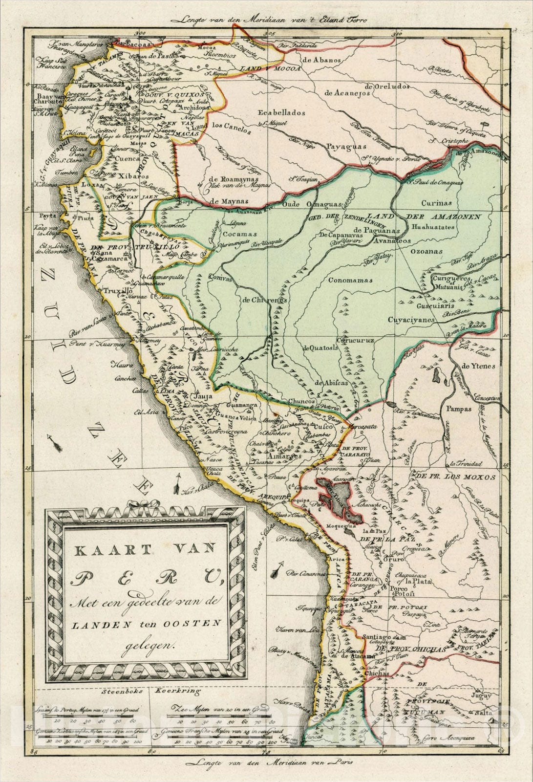 Historic Map : Kaart van Peru Met een gedeelte van de Landen ten Ooten Gelegen, 1785, , Vintage Wall Art