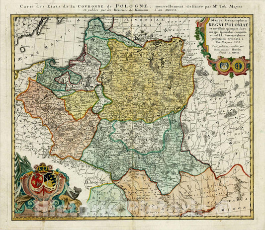 Historic Map : Mappa Geographica Regni Poloniae ex novissimis quotquot sunt mappis specialibus, 1750, Homann Heirs, v1, Vintage Wall Art