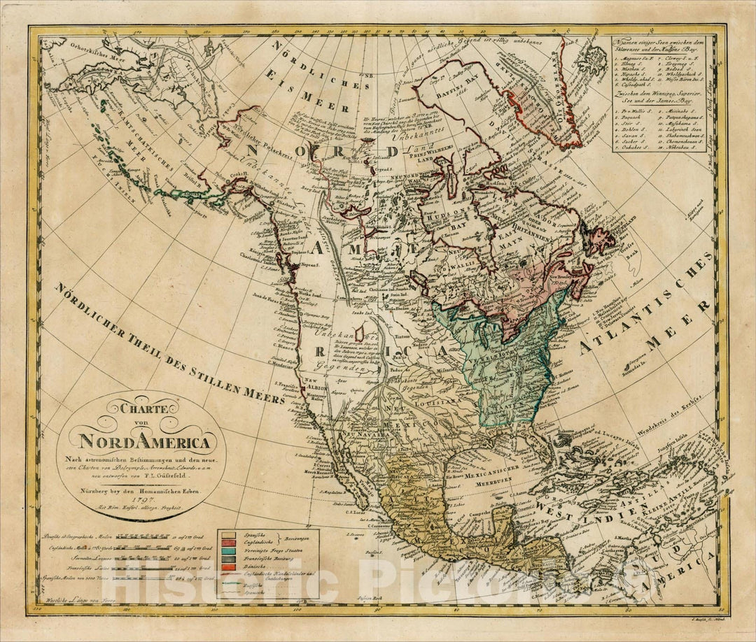 Historic Map : Charte Von Nord America nach astronomischen Bestimmungen und den neuesten Charten von Dalyrimple, Arrowshmit, Edwards, u.a.m., 1797, 1797, Vintage Wall Art