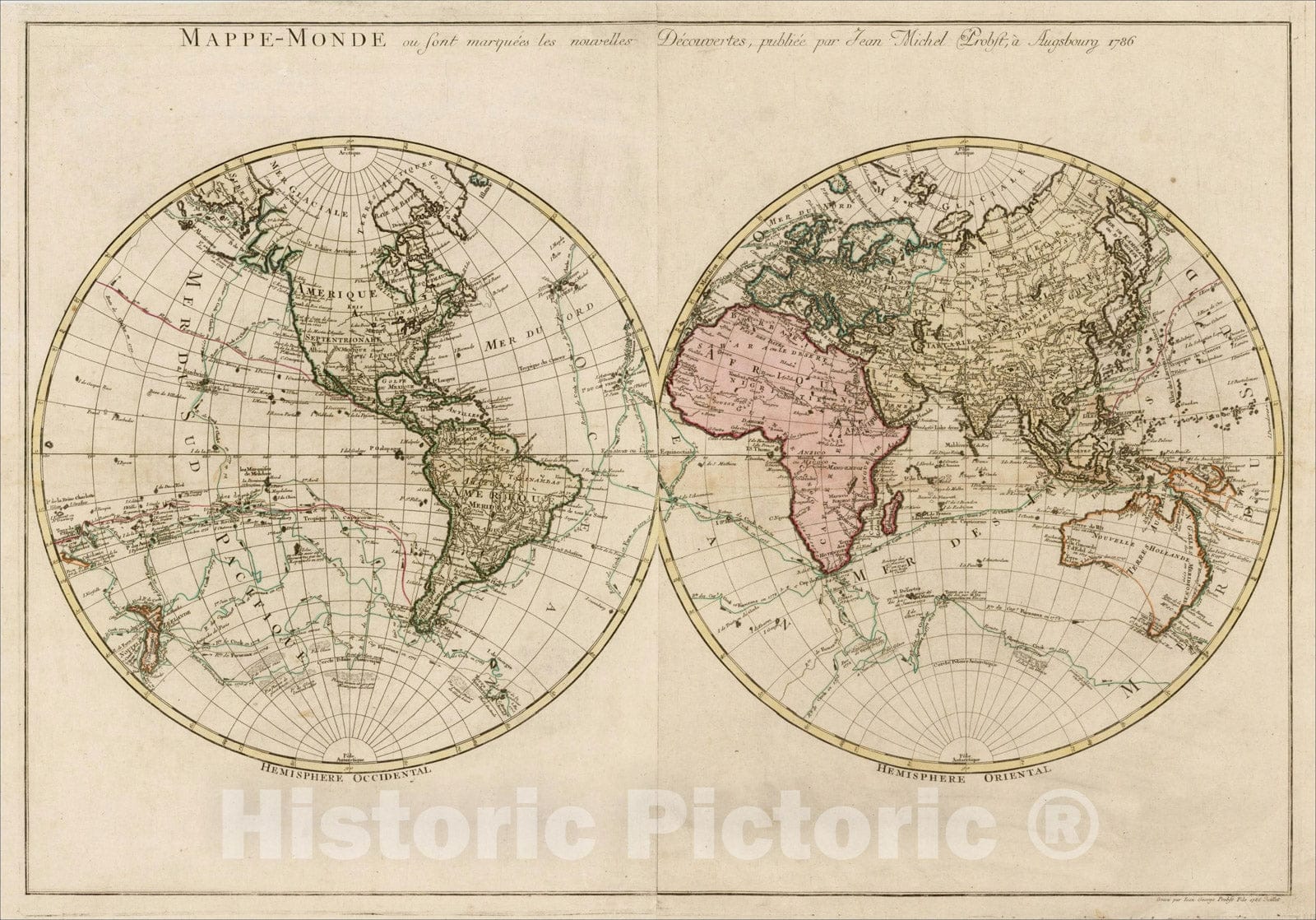 Historic Map : Mappe Monde ou sont marquees les nouvelles Decouvertes, publiee par Jean Michel Probst, a Augsburg 1786, 1786, Johann Michael Probst, Vintage Wall Art