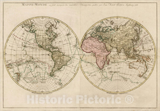 Historic Map : Mappe Monde ou sont marquees les nouvelles Decouvertes, publiee par Jean Michel Probst, a Augsburg 1786, 1786, Johann Michael Probst, Vintage Wall Art